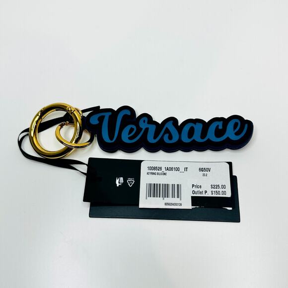Versace Unisex Key Ring Gold Round Blue Silicone Charm Logo Key Chain NWT $225 - Picture 5 of 10